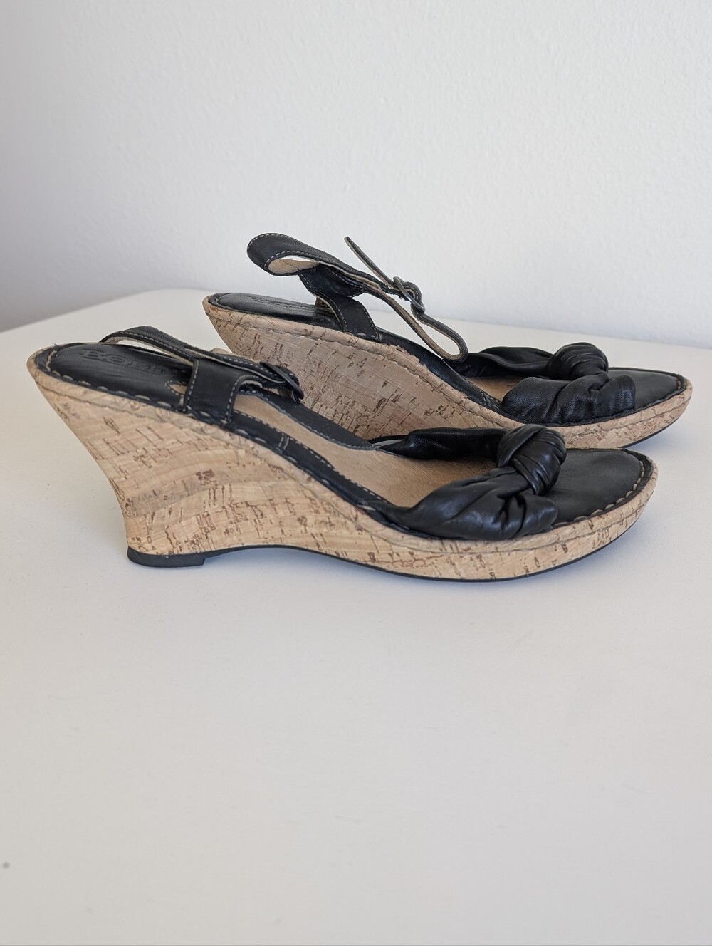 Born Black Leather Cork Wedge Sandals Size 10 42 Boho Comfort Slingback